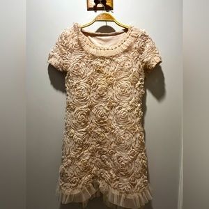 Elegant Vintage-Inspired Nude Pink Embroidered Dress with 3D Floral Details